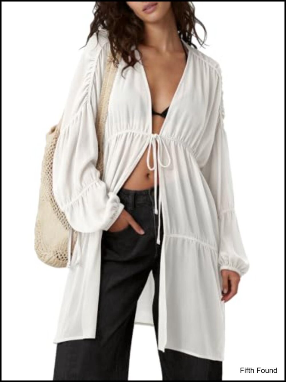 Linen Kimono Duster Tie Front Coverup with Pockets Slouchy